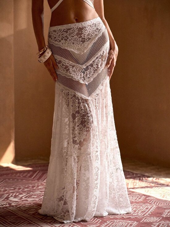Dresses & Skirts - White Premium Sheer Floral Lace Mesh Women's Elegant Vacation Cover Up Skirt